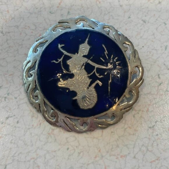 VTG 50s Sterling Silver Siam Mekhala Goddess of Lightening Brooch HTF Dark Blue - Picture 1 of 5